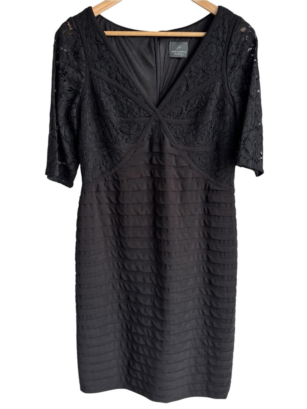 Adrianna Papell Black Lace Cocktail Dress Sz 12 Party LBD Half Sleeve Below Knee